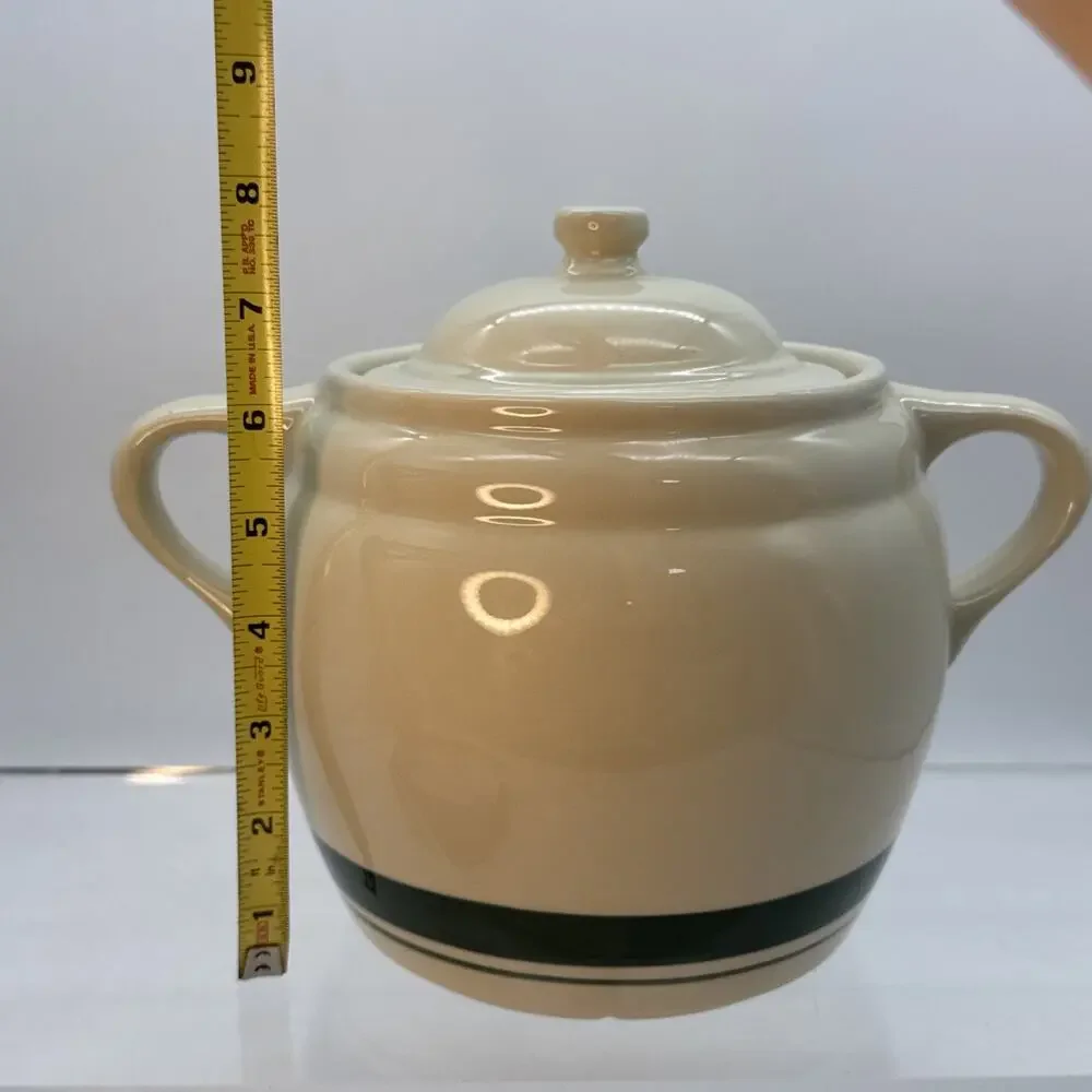 Roseville Ohio 3 Qt. Bean Pot Cookie Jar with Lid Green Stripes READ
